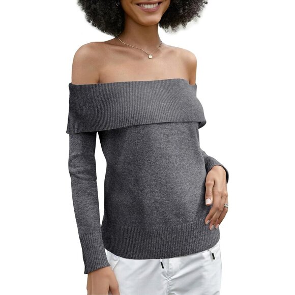 Women's Knit Sweater Off Shoulder Long Sleeve Oversized Casual Pullover - Picture 6 of 6